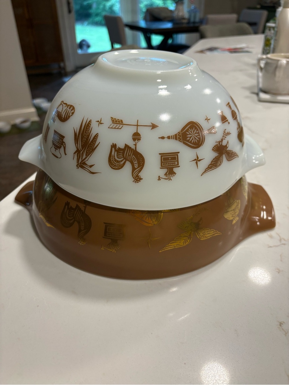 Pyrex White and Brown Gold Motif Mixing Bowls-AMERICANA CINDERELLA